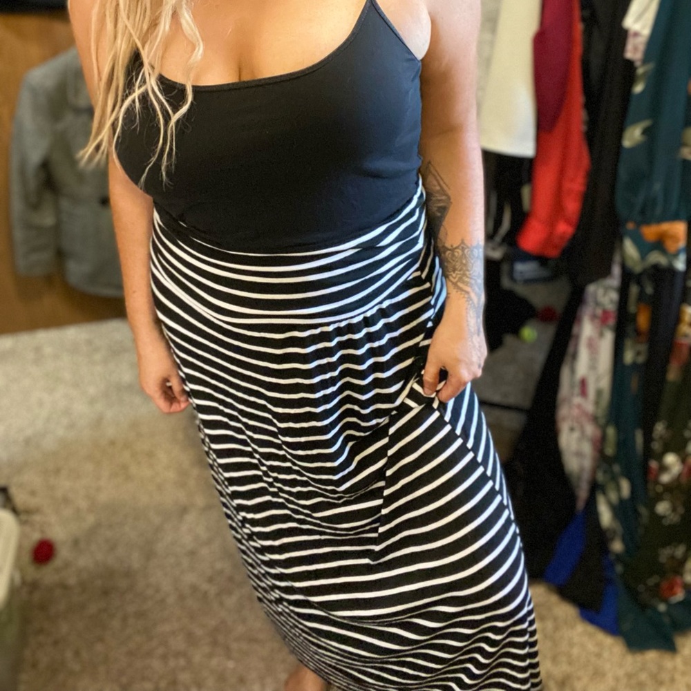 Black and white horizontal stripe maxi length skirt w rollover waistband